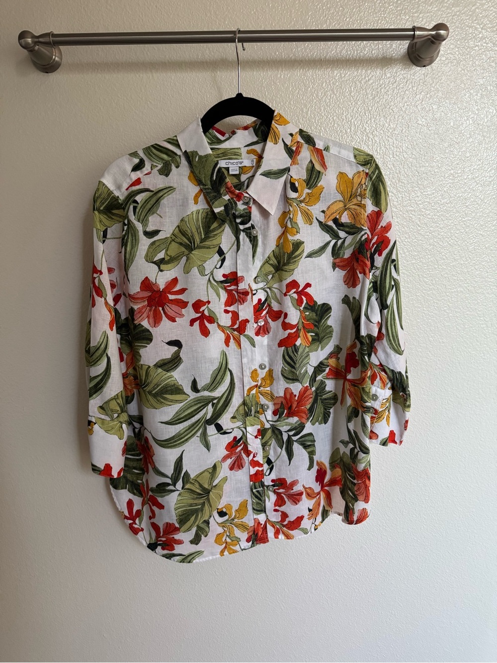 Chico's White Button-Down Shirt with Green Leaves and Red & Yellow Floral Print